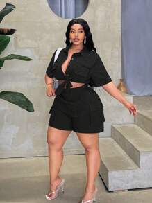 Maweii Plus Size Casual Solid Color Short Sleeve Shirt And Shorts 2-Piece Set, Summer - Black - View 6