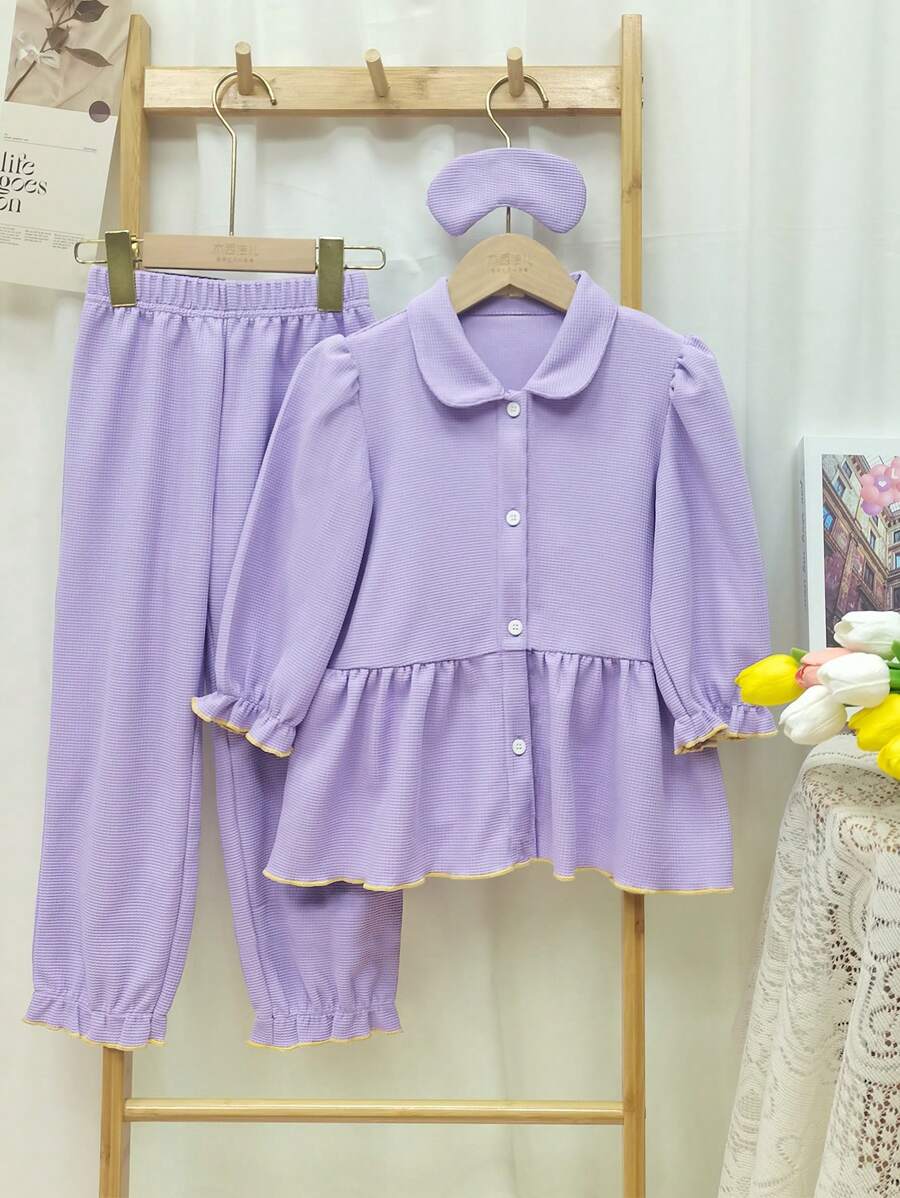 3pcs/Set Toddler Girls' Purple Waffle Fabric Pants, Long Sleeve Top & Eye Mask Sleepwear Set - Purple - View 1