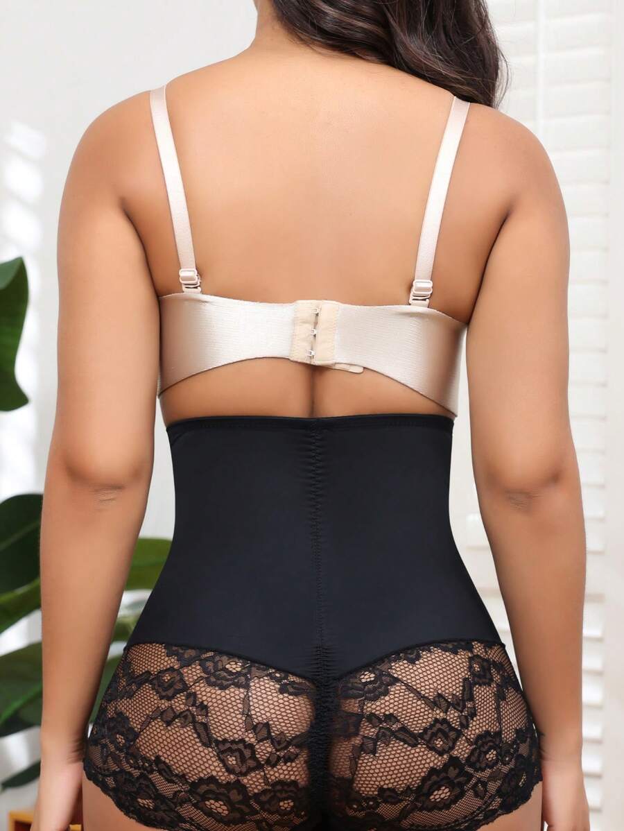 Fashionable & Elegant High-Waisted Lace Patchwork Shapewear Pants - Black - View 1
