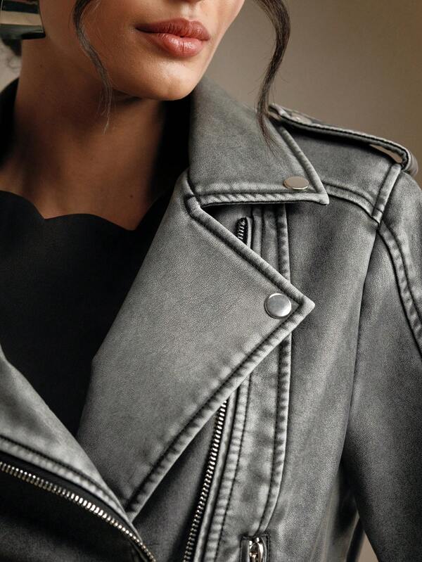 Anewsta Vintage Washed Motorcycle PU Leather Short Jacket For Women