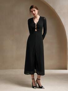 Anewsta Solid Color V-Neck Slit Fitted Knit Dress, Spring & Fall - Black - View 4
