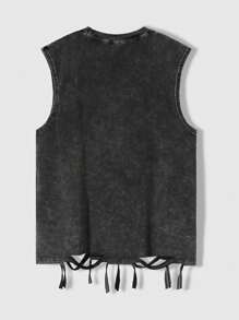 ROMWE MEN Street Life Spring/Summer Valentine 'Sday Casual Graphic Men'S Mouth Printed Washed Distressed Tank Top For Summer, School, 2000S Style - Black - View 2