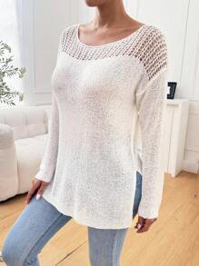 Chiquease Round Neck Long Sleeve Hollow Patchwork Minimalist Sweater For Casual Wear