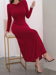 Modelyn 纯色女式收腰带袖连衣裙长款晚礼服 - 紅色 - 查看 2