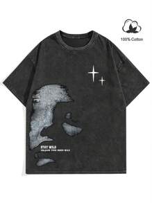 Manfinity EMRG 男士圆领图案印花短袖休闲 T 恤，适合外出、男友礼物 - 黑色 - 查看 2