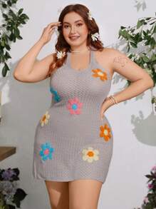 Sunnyshic Hand-Crocheted Floral Pattern Plus Size V-Neck Lace-Up Dress For Women
