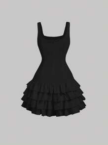 SHEIN MOD White Layered Cake Hem Cute Square Neck Summer Dress - Black - View 2