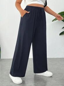 SHEIN EZwear 大码女式轻便透气黑色针织宽松休闲裤，带口袋，腰部抽绳