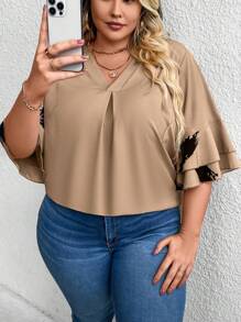 SHEIN CURVE+ Plus Size Women V-Neck Loose Casual Short Sleeve Blouse - Khaki - View 7
