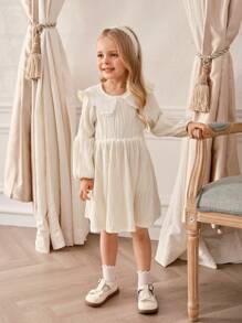 SHEIN 年轻女孩学院风优雅彼得潘领灯笼袖收腰提花针织纯色中长连衣裙，适合秋冬季