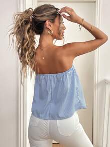 Chiquease 女士性感露肩条纹印花短款上衣，秋季 - 藍白色 - 查看 2