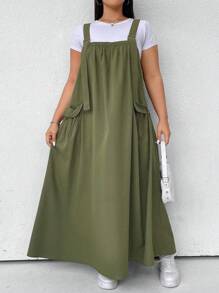SHEIN EZwear 加大翻盖口袋连衣裤（不含 T 恤），适合日常穿着 - 軍綠色 - 查看 3