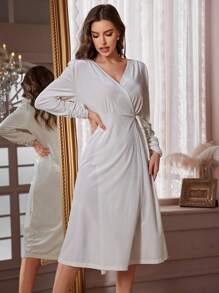 Women Drawstring Cuff Design Adjustable Waist Tie Velvet Robe, Homewear