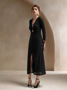 Anewsta Solid Color V-Neck Slit Fitted Knit Dress, Spring & Fall - Black - View 5