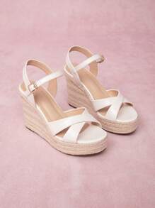 CUCCOO CURVES Women's White Wedge Heel Thick Sole Sandals, Cross Ankle Buckle Open Toe High-Heeled Shoes, Summer Holiday Outdoor Thick Bottom Sandals Halloween Christmas - White - View 8