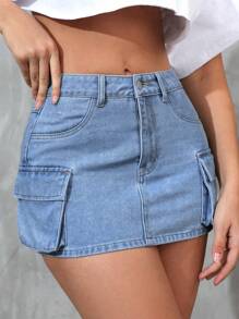 SHEIN ICON Women Solid Color Simple Casual Mini Denim A-Line Skirt With Pockets - Blue - View 6
