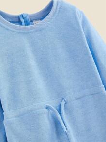 THE HAPPY LOOK 女童蓝色针织毛巾布束腰长袖休闲纯色连体裤，秋冬季 - 藍色 - 查看 3