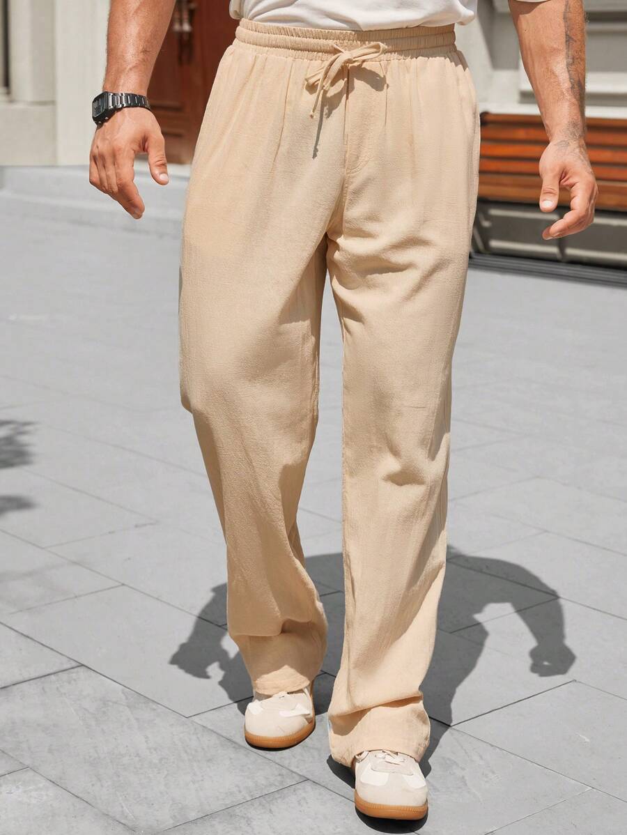 Manfinity Homme Men's Casual Solid Color Drawstring Waist Pants - Apricot - View 1