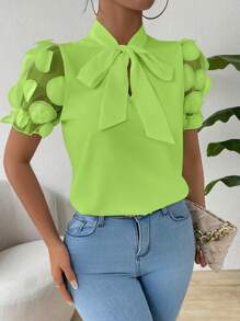 SHEIN Clasi Women Tie Collar Short Sleeve Blouse - Lime Green - View 3
