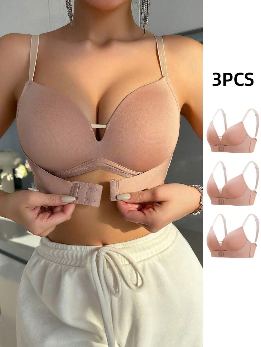 3pcs Wire-Free Solid Color Bras, Petite Size - Apricot - View 1