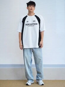 DAZY T-shirt d'été à col ras-du-cou, imprimé lettres, décontracté, manches courtes, pour la rentrée, pour hommes - Noir et Blanc - Voir 4