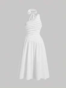 SHEIN MOD 3D 花卉不对称荷叶边大码女式长裙 - 白色 - 查看 2