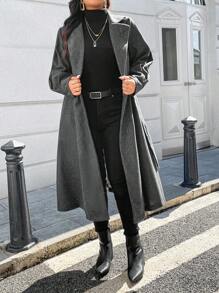 SHEIN Unity Áo khoác len có cổ màu trơn có cổ Plus Size cho nữ, áo khoác len dài thanh lịch một hàng khuy, mùa thu đông - Màu xám đen - Xem 5