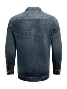 Manfinity Homme 男式褪色复古破洞牛仔休闲衬衫 - 深色水洗藍 - 查看 2