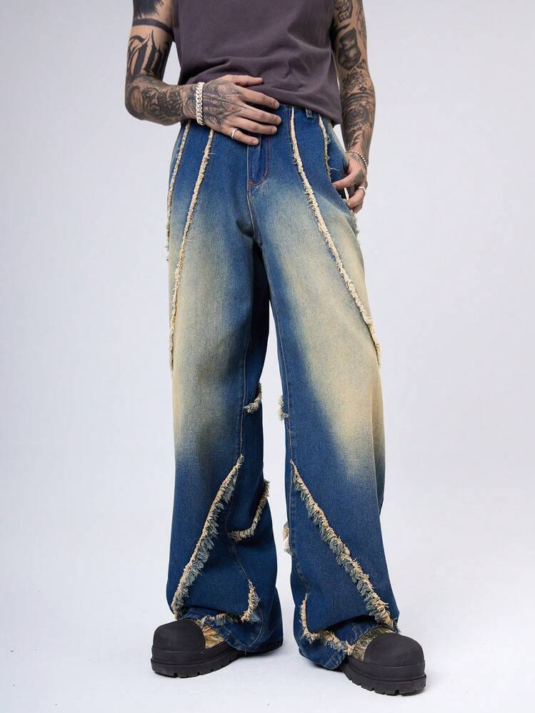 Manfinity Hypemode Men's Dark Vintage Washed Asymmetrical Hem Patch Embellished Wide Leg Baggy Jeans - Teal Blue - View 1