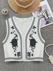 Breezaya Áo khoác vest hở mặt in hoa dành cho nữ, mùa hè - trắng - Xem 1