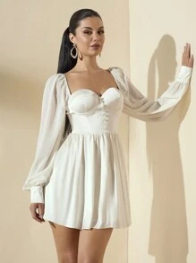 SHEIN BAE Váy tay phồng chữ A Satin dành cho nữ - trắng - Xem 6