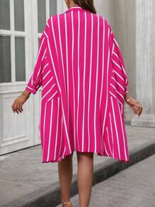 SHEIN Clasi 女士休闲条纹落肩宽松直筒衬衫裙，春夏 - 玫紅色 - 查看 2