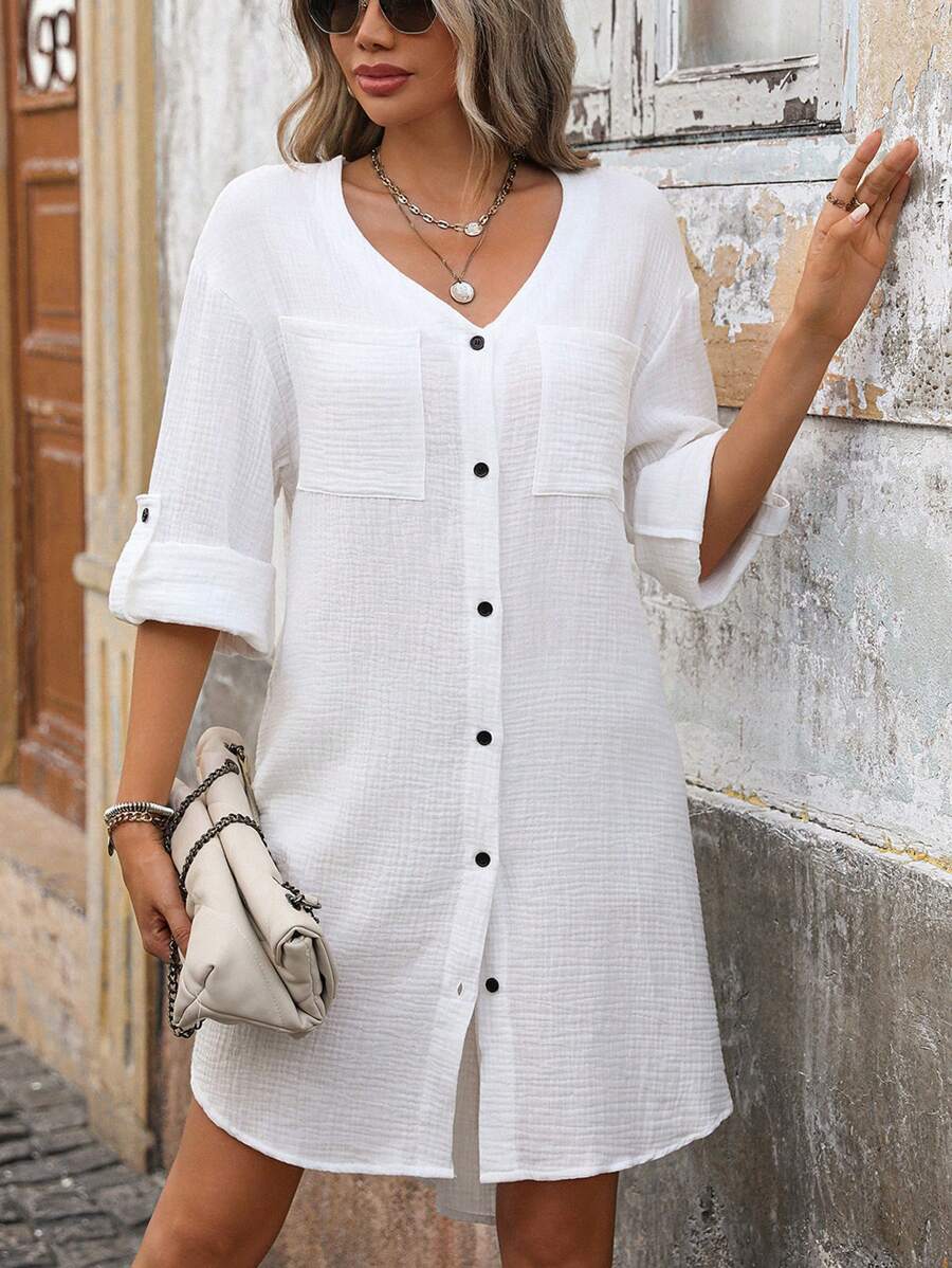 SHEIN LUNE 女士休闲亚麻海滩度假白色及膝直筒连衣裙，夏季 - 白色 - 查看 1