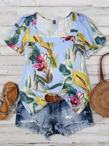 SHEIN LUNE Áo sơ mi tay phồng in hoa cỡ lớn thông thường - Màu xanh lam - Xem 1