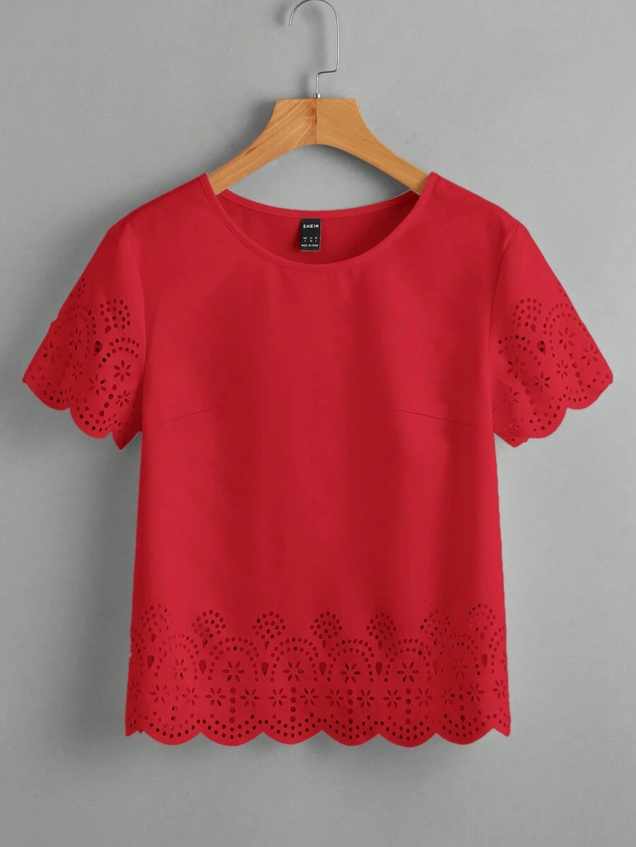 SHEIN Clasi 鏤空貝殼邊素色上衣 - 紅色 - 查看 1