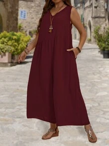 EMERY ROSE 大码女式 V 领开衩褶皱口袋拉链阔腿休闲连体裤，夏季 - 酒紅色 - 查看 4