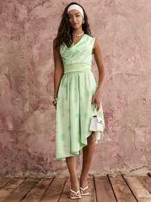 COSMINA Women's Sleeveless Asymmetrical Hem Floral Print Dress, Casual Vacation - Lime Green - View 5