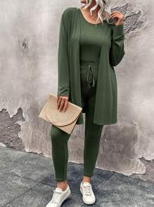 Plus Size Women's Solid Color Minimalist Casual Top And Pants 2pcs Set - Army Green - View 3