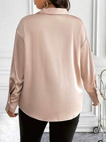 SHEIN Unity 大码女式春夏纯色宽松长袖优雅衬衫 - 巧克力棕 - 查看 2