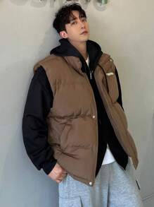 DAZY Men's Padded Vest With Letter Print, Winter Jacket - Khaki - View 1