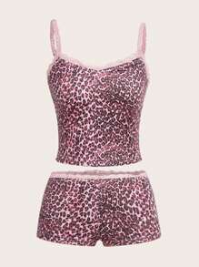 SHEIN EZwear 2pcs Women's Contrast Color Lace Patchwork Tank Top And Shorts Set - Hot Pink - View 1