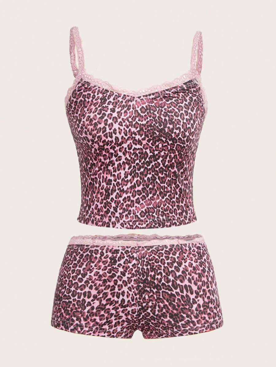 SHEIN EZwear 2pcs Women's Contrast Color Lace Patchwork Tank Top And Shorts Set - Hot Pink - View 1