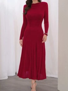 Modelyn 纯色女式收腰带袖连衣裙长款晚礼服 - 紅色 - 查看 7