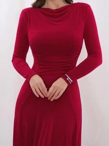 Modelyn 纯色女式收腰带袖连衣裙长款晚礼服 - 紅色 - 查看 4