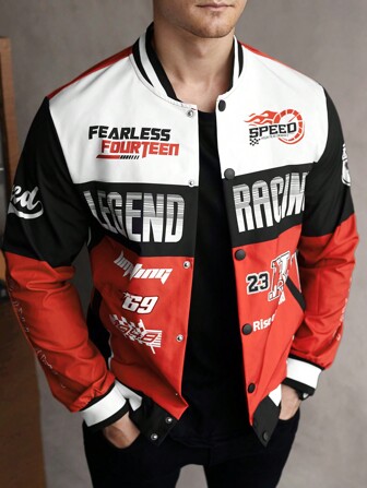 Manfinity LEGND 男士春秋时尚拼色拼接字母印花棒球领狂野夹克，外出街头装赛车长袖拼色深红色轻便夹克，适合朋友、丈夫、男朋友的礼物，适合秋季