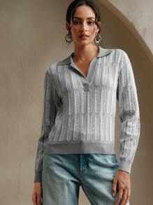 Anewsta Women's Casual Gray & White Contrast Color Hollow Knit Sweater