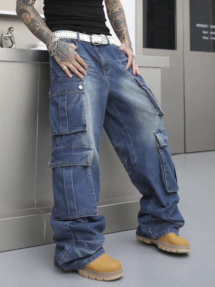 Manfinity Roghcode Men's Casual Washed Multi-Pocket Cargo Denim