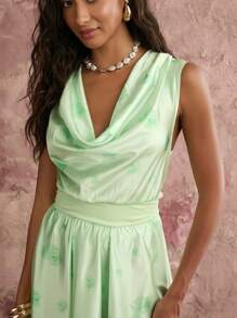 COSMINA Women's Sleeveless Asymmetrical Hem Floral Print Dress, Casual Vacation - Lime Green - View 6