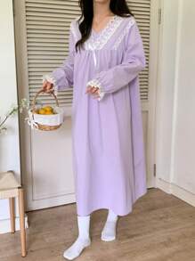 DAZY Romantic Lace Patchwork Bowknot Ruffle Hem Nightgown Pajama - Purple - View 5