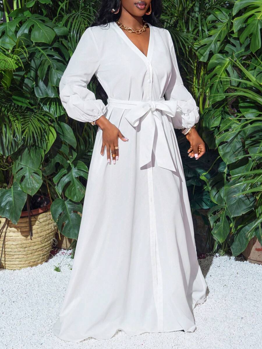 Slaydiva 2024 年新款休闲街头服饰优雅性感纯色泡泡袖系带长款衬衫裙，深 V 领和纽扣